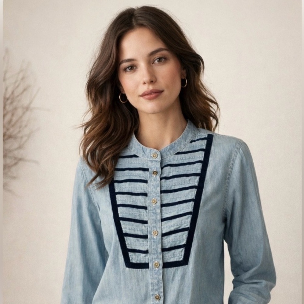 Nine West Vintage America “Billie” Button Down Chambray Top Velvet Stripes Large